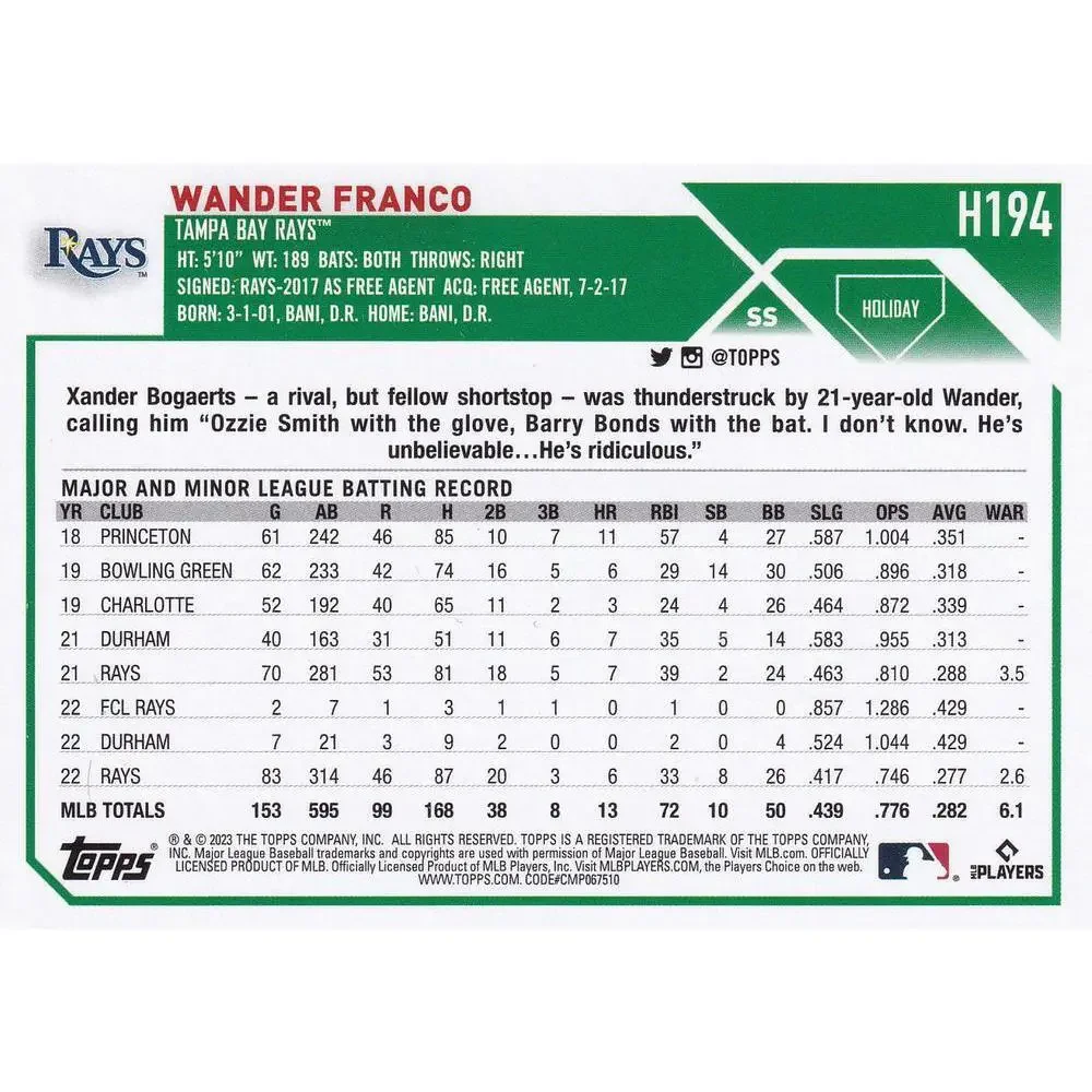 2023 Topps Holiday Wander Franco H194 Tampa Bay Rays